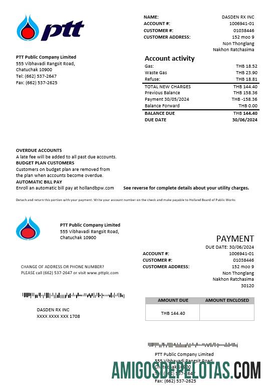 imprimível Modelo de fatura de serviços públicos de gás PTT da Tailândia em formatos Word e PDF